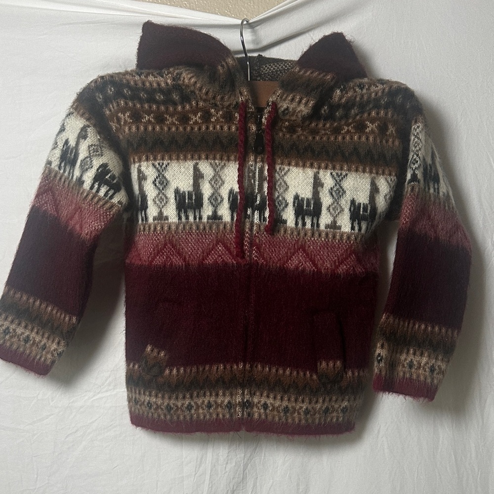 Ally Marka—Kids' Hooded Sweater with Llama Design - Burgundy and Brown